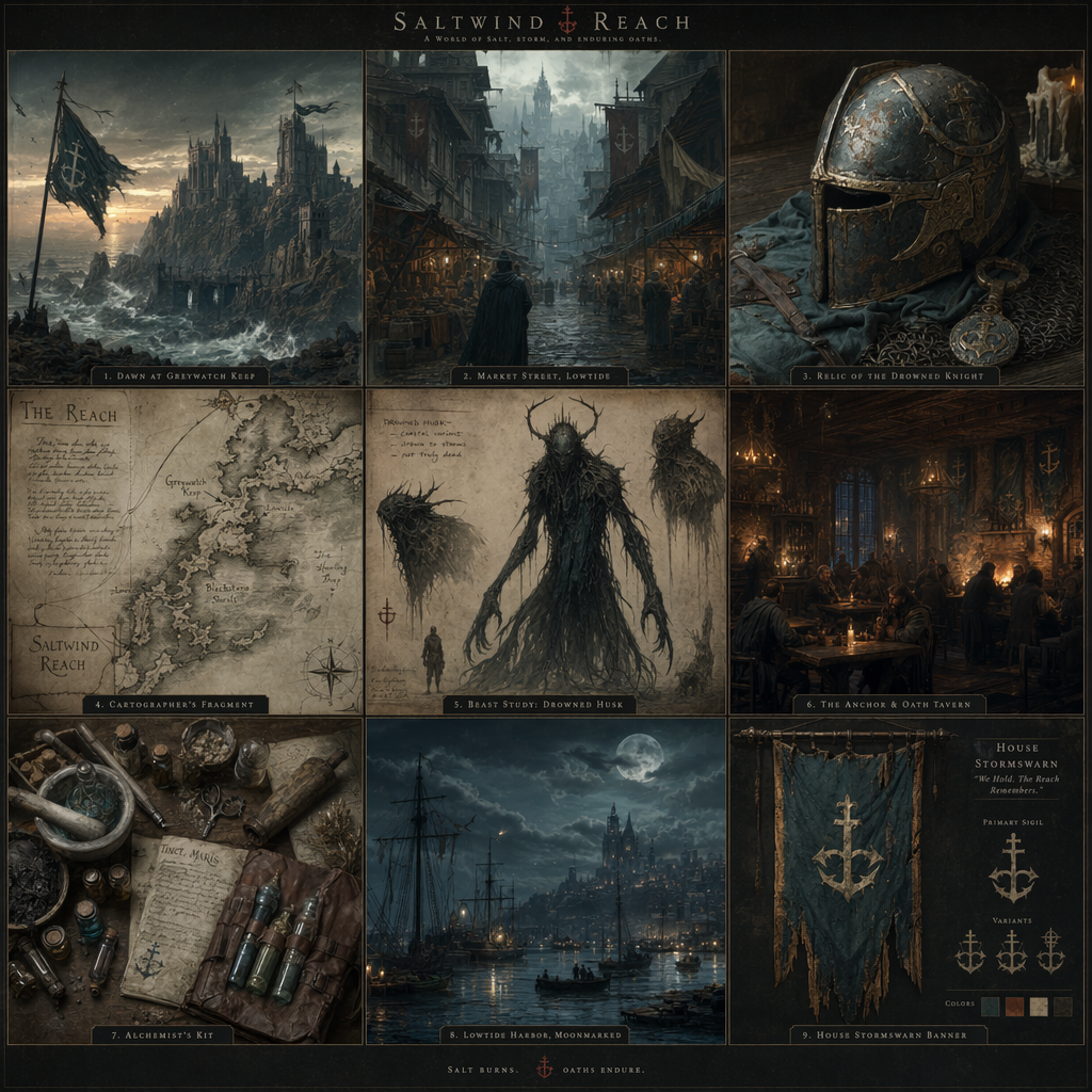 太阳能驱动的未来沙漠文明设定集 / Nine-panel dark-fantasy worldbuilding set，人像与摄影，人像、电影感、截图，案例输出图 1