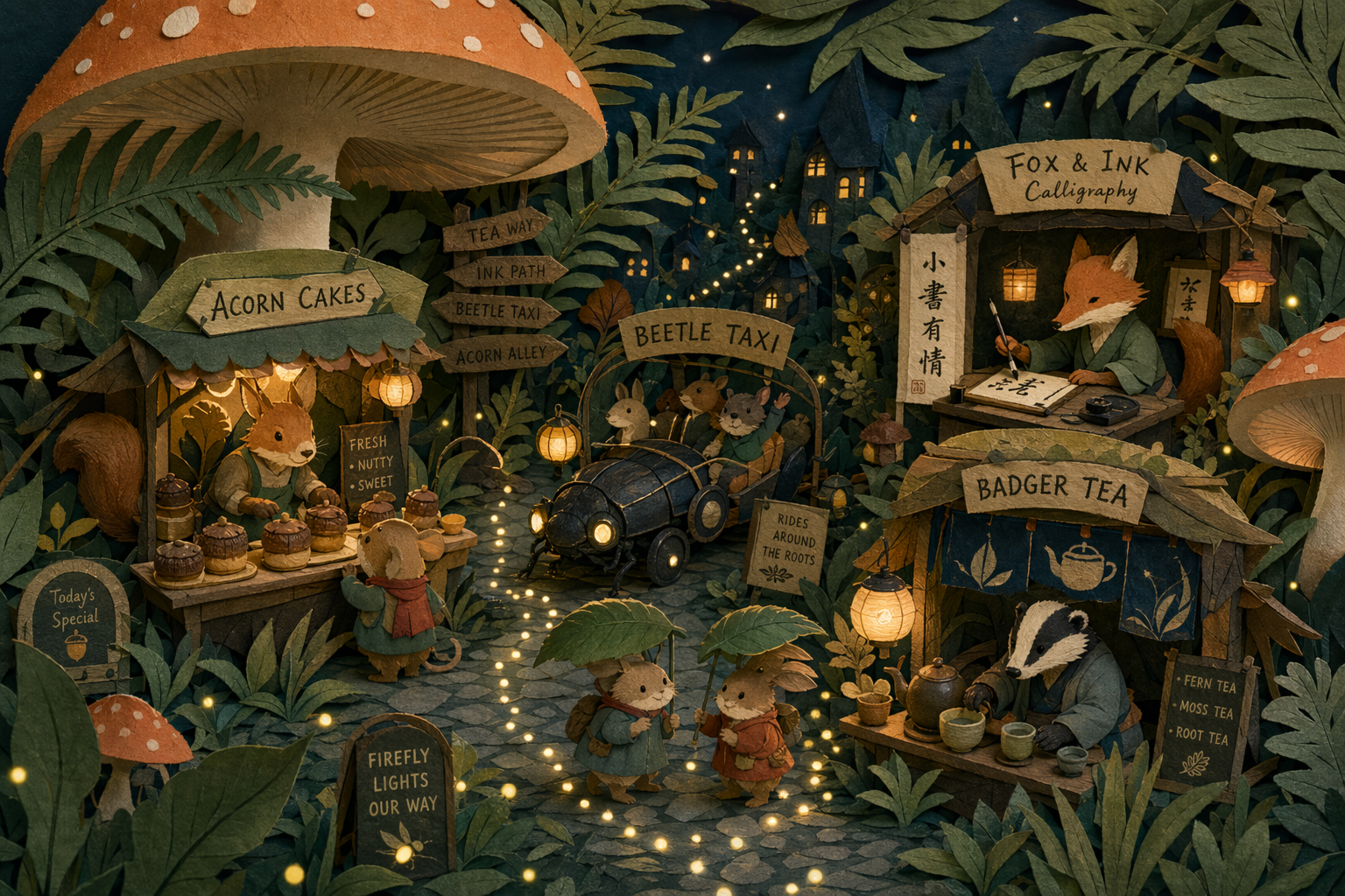 Paper-cut forest night market，人像与摄影，人像、时尚、插画，案例输出图 1
