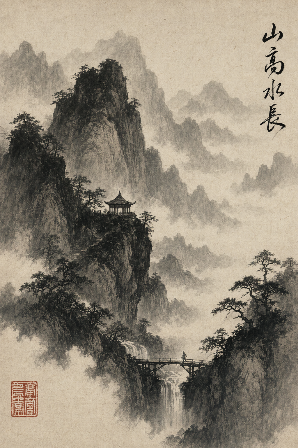 Chinese ink-wash mountain landscape，角色设计，角色、竖版、角色设计，案例输出图 1