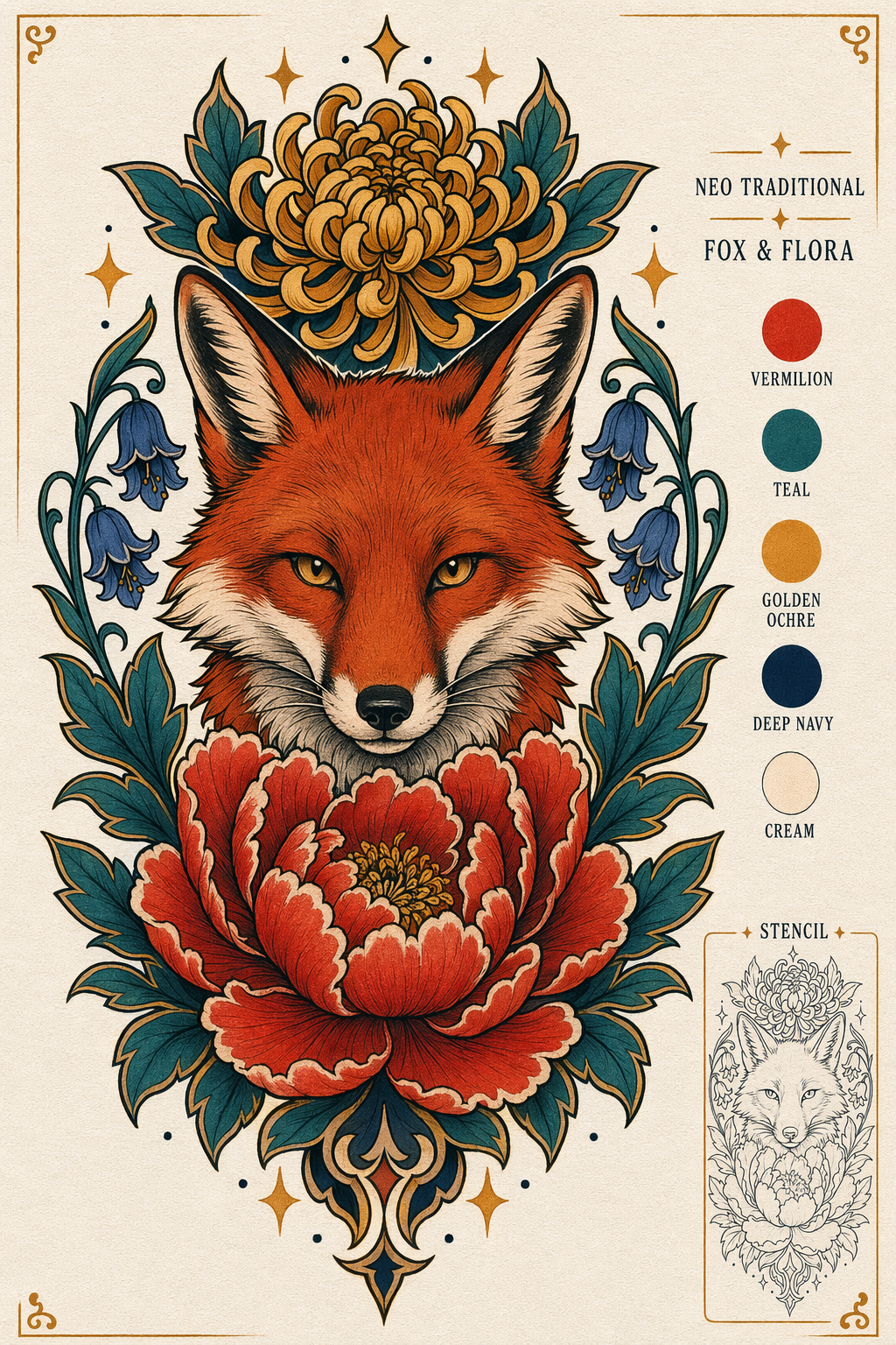 Color neo-traditional fox and flora，海报与插画，海报、插画、品牌，案例输出图 1