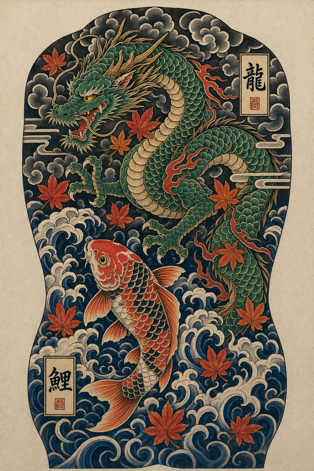 Japanese traditional dragon and koi back piece，角色设计，海报、角色、二次元，案例输出图 1