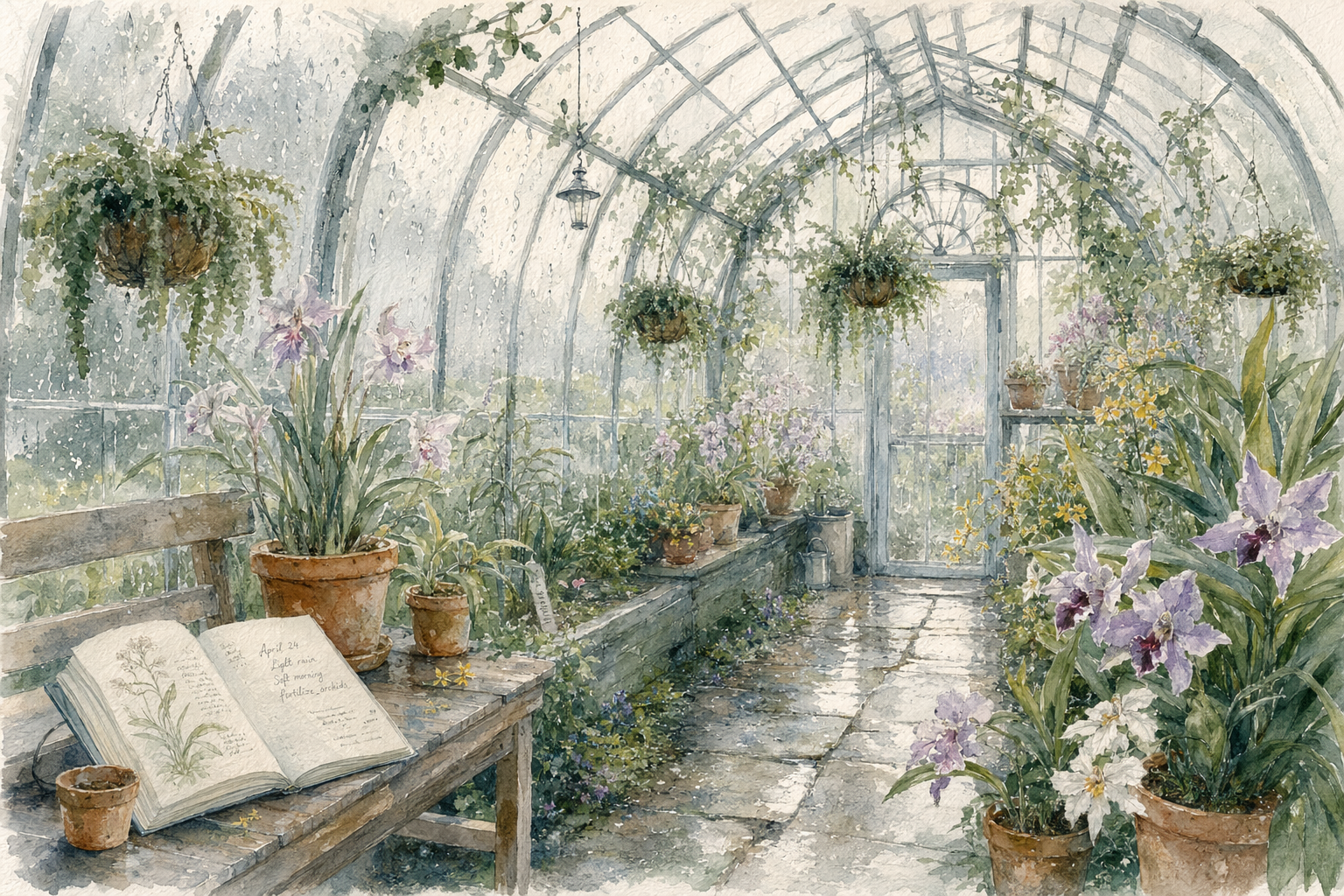 Rainy botanical greenhouse watercolor，人像与摄影，人像、插画、水彩，案例输出图 1