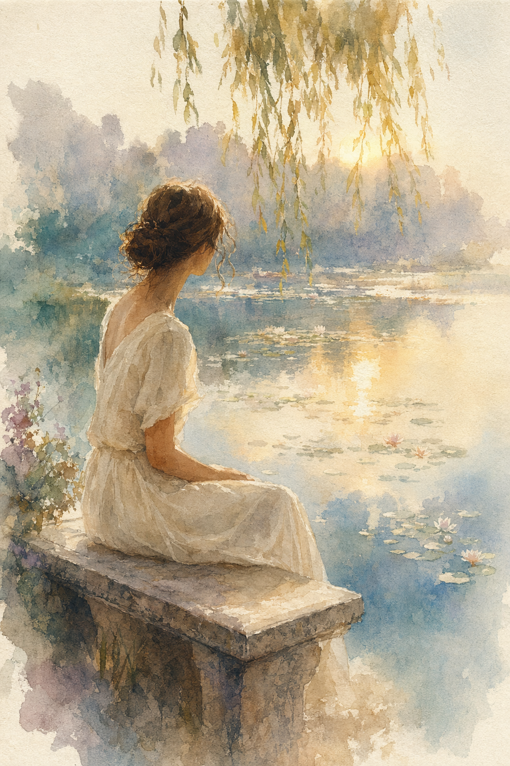 Dreamy watercolor — young woman at lily pond，海报与插画，时尚、海报、插画，案例输出图 1